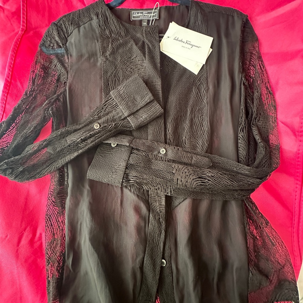 Salvatore Ferragamo black lace, collared, semi sheer button down shirt. NWT